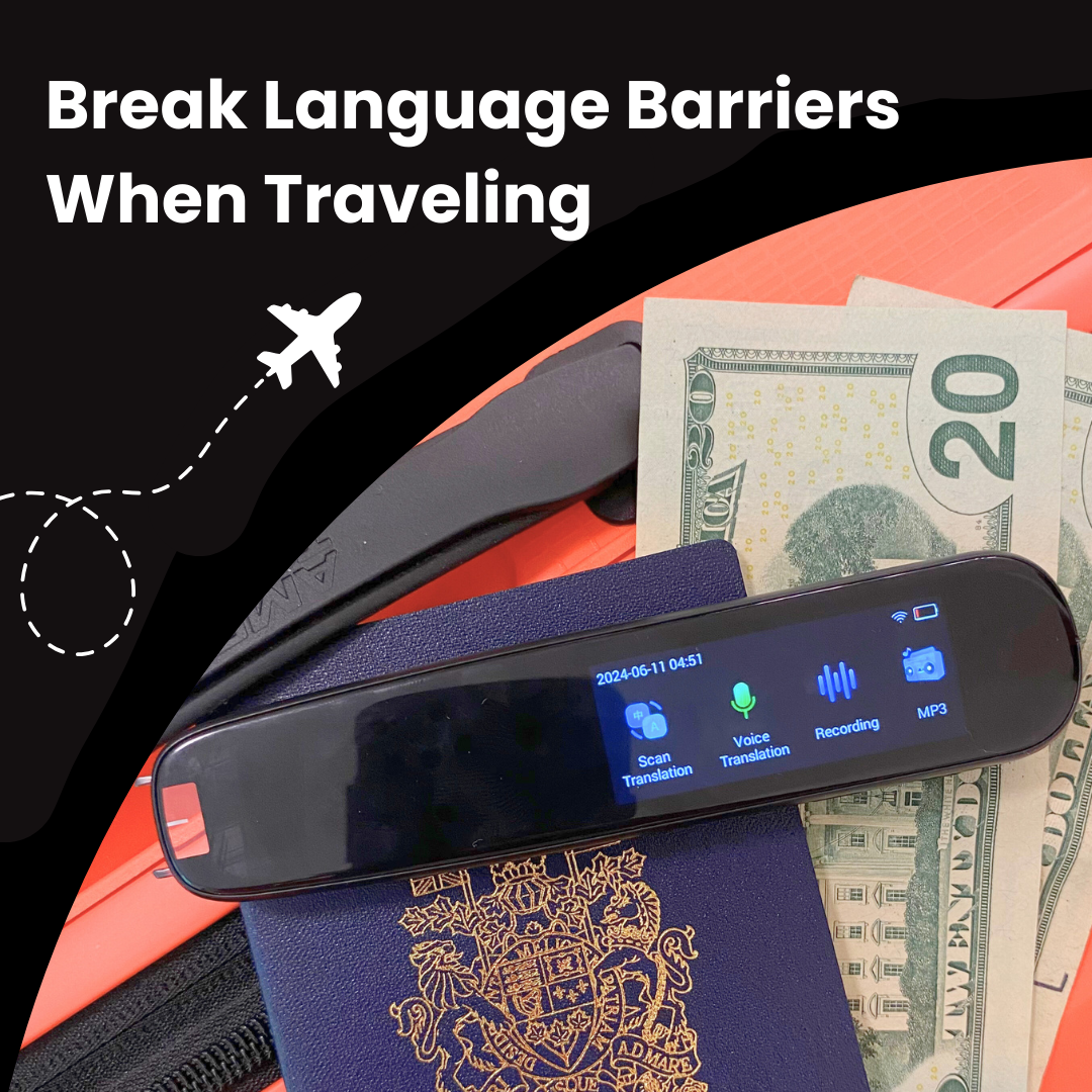 Fitlybuy black AI translator pen on a passport and cash, showing scan, voice translation, and recording menu icons.