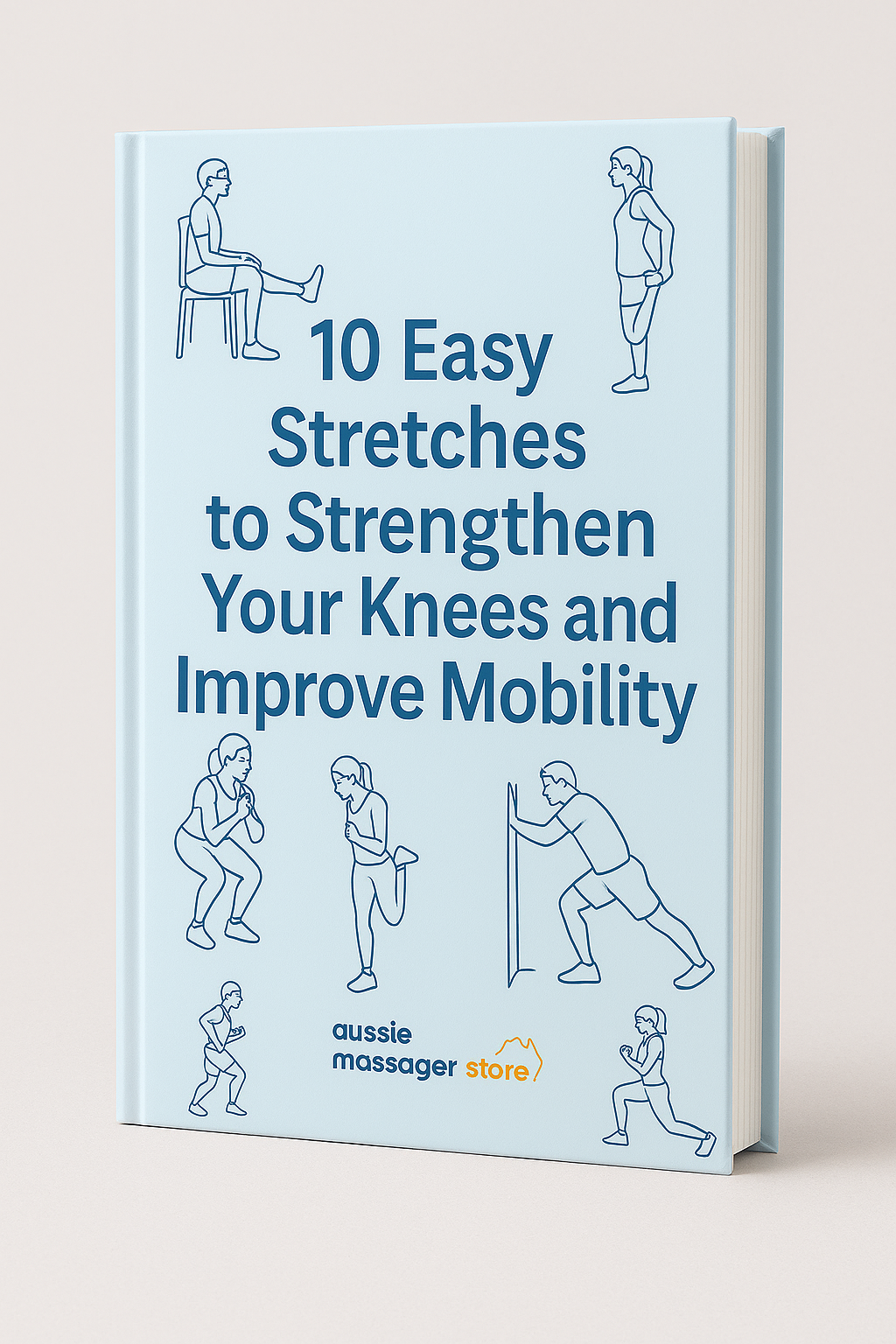 Light blue Fitlybuy KneeFlex Pro eBook cover with blue line art of people performing knee stretches and exercises.
