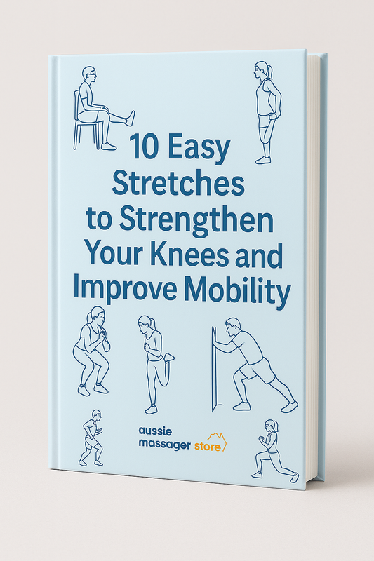Light blue eBook cover featuring line drawings of people performing knee stretches and the title "10 Easy Stretches."