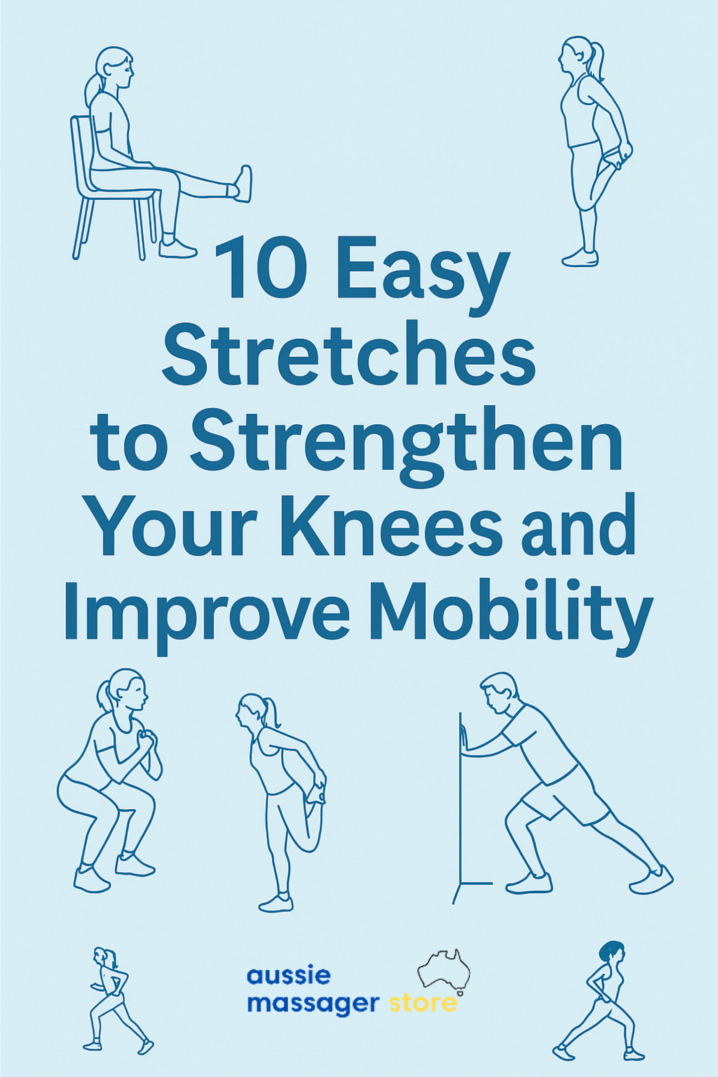 Fitlybuy KneeFlex Pro eBook cover: blue background with line art of people performing knee stretches and exercises.