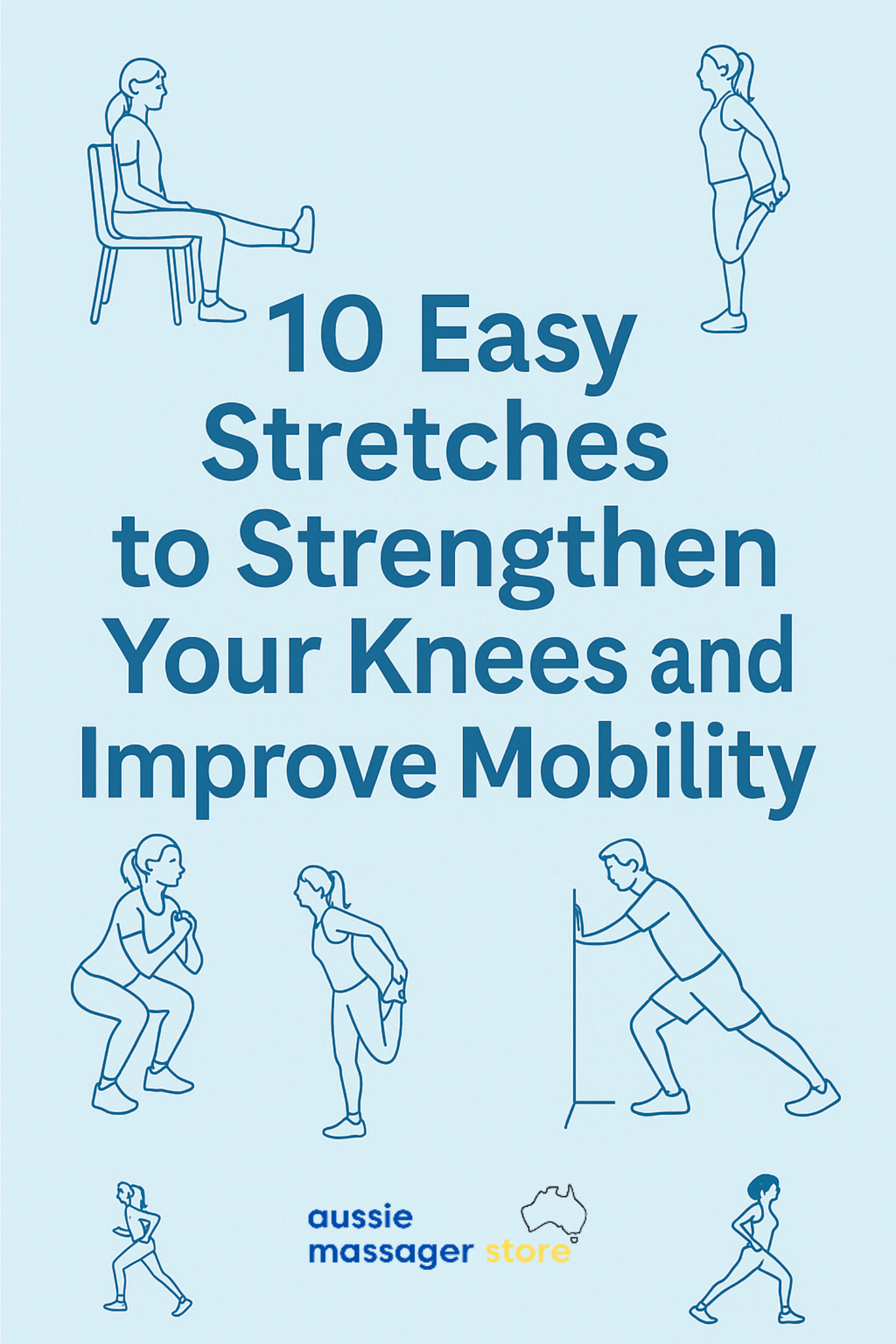 Fitlybuy KneeFlex Pro eBook cover: blue background with line art of people performing knee stretches and exercises.