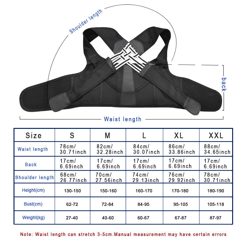 Fitlybuy black adjustable posture corrector with ComfortFlex support straps and a sizing chart for S-XXL.