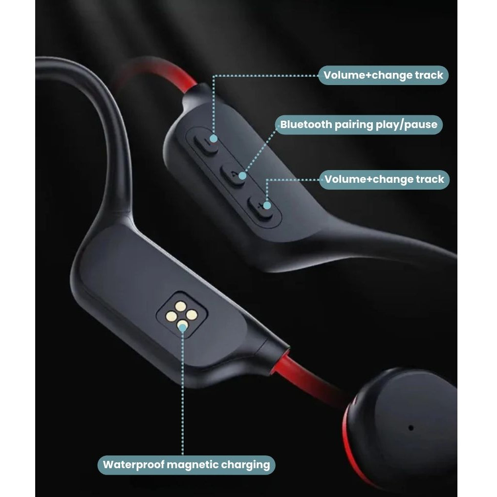 Fitlybuy bone conduction headphones in black and red, showing volume, playback buttons, and magnetic charging port.