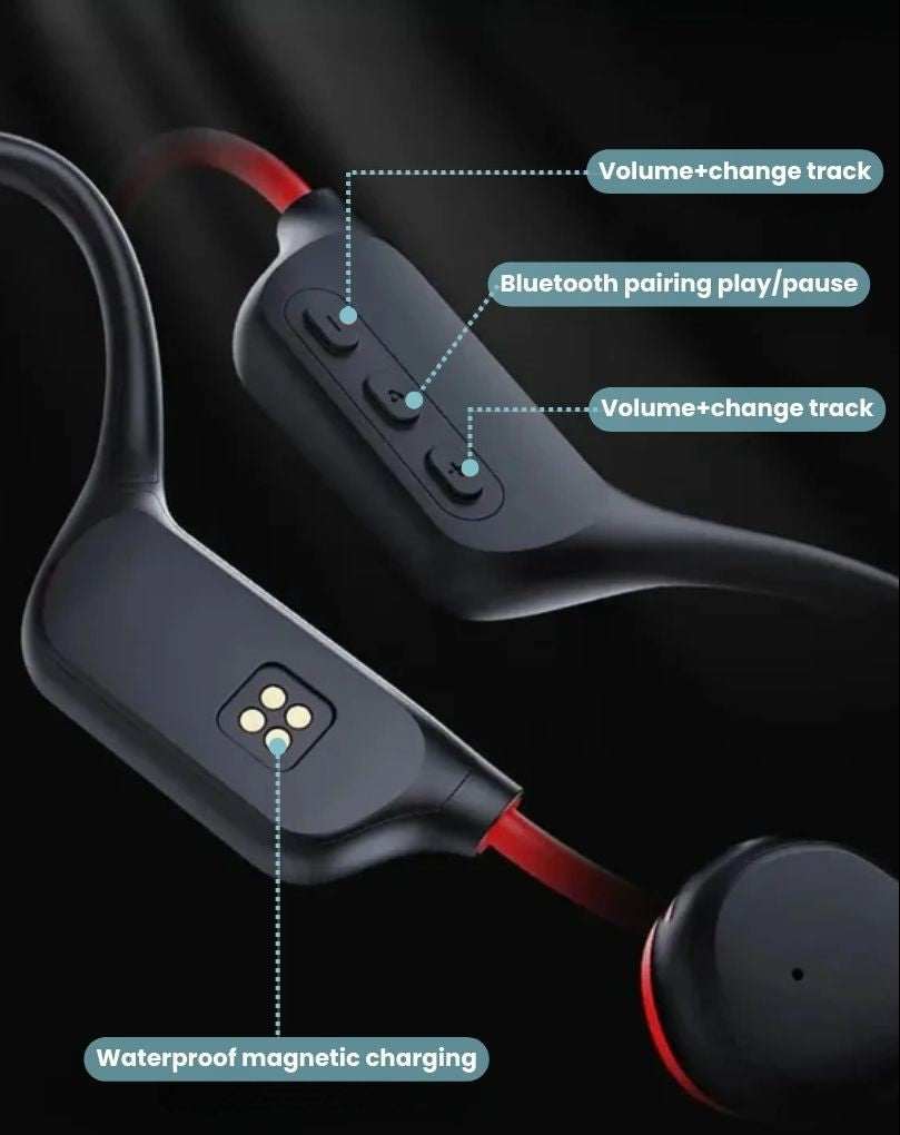 Fitlybuy bone conduction headphones in black and red, featuring button controls and a waterproof magnetic charging port.
