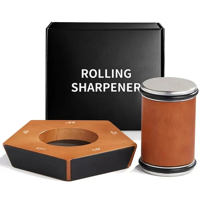 Fitlybuy SharpRoll wood and metal rolling knife sharpener with magnetic angle guide base and black storage box.