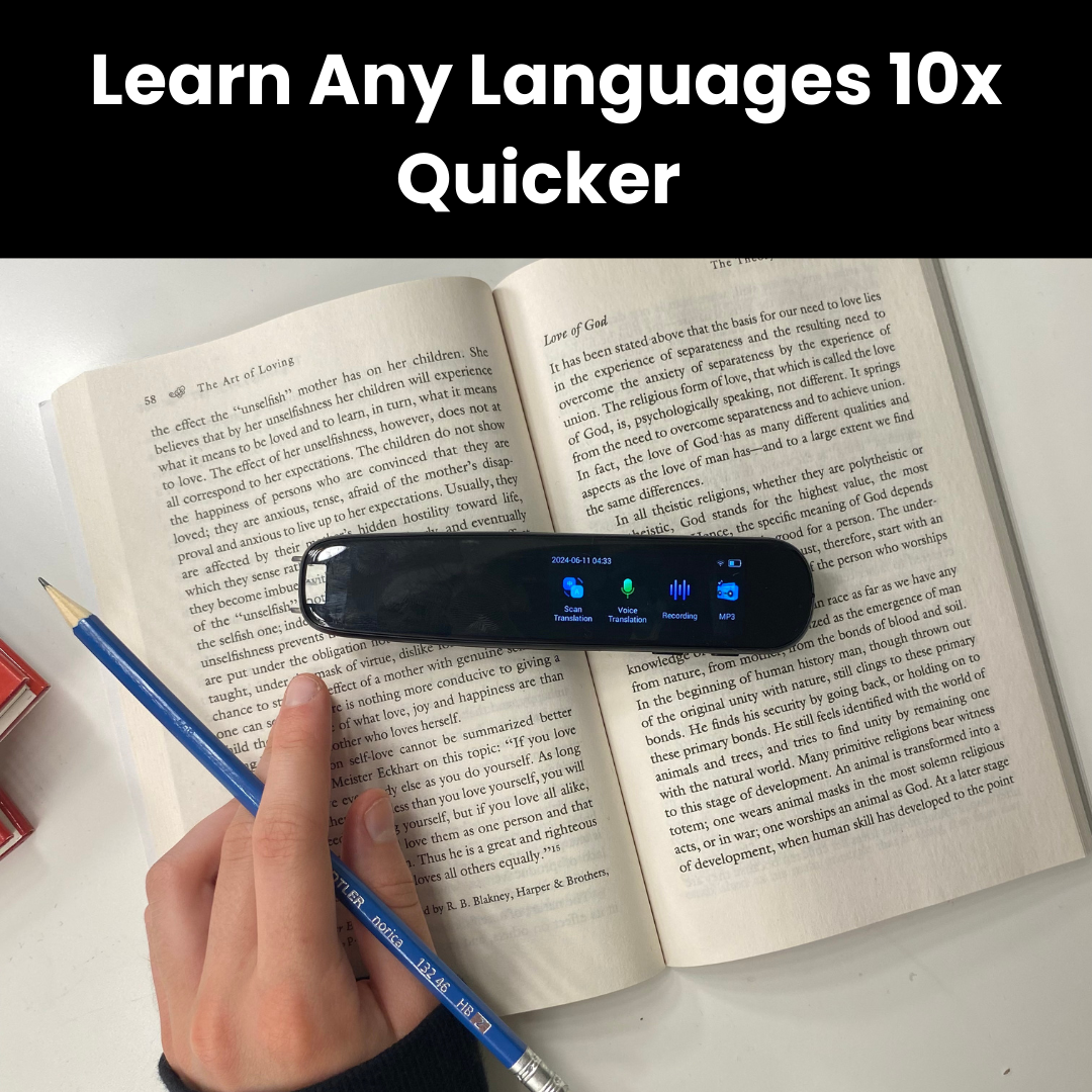 Black Fitlybuy AI translator pen with digital screen, held over an open book with a pencil.