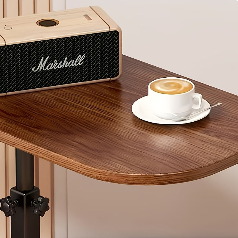 Fitlybuy adjustable dark wood side table with a black metal stand, holding a Marshall speaker and a cup of coffee.