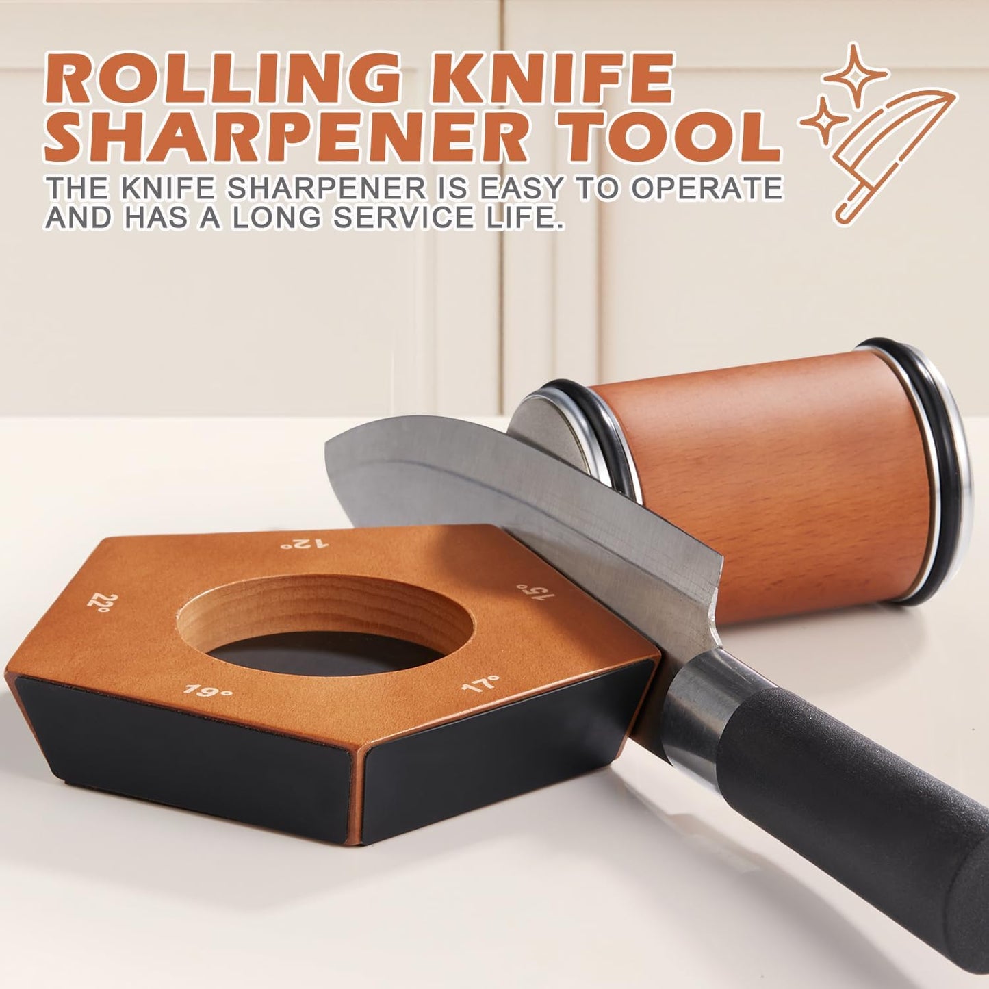 Fitlybuy SharpRoll wood and black manual rolling knife sharpener with a magnetic angle guide held against a knife blade.