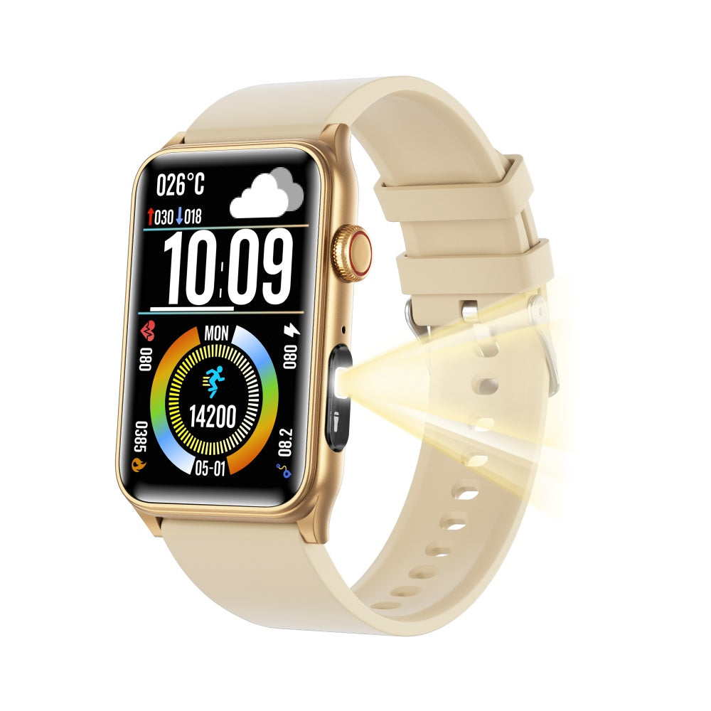 Beige Kexi-Life smartwatch with built-in flashlight, health monitoring dashboard display, and gold metallic case.