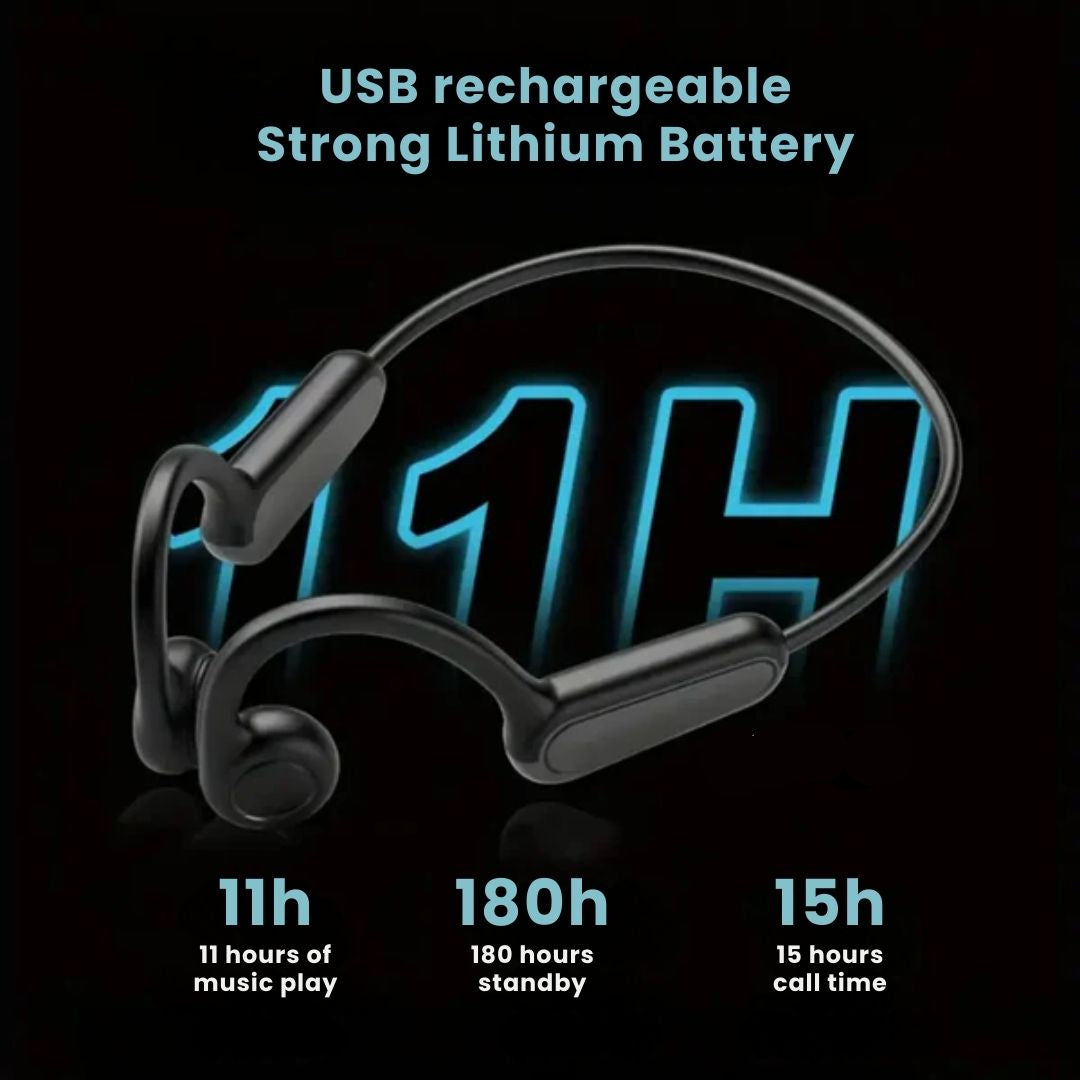 Black Fitlybuy bone conduction headphones with 11h battery life, 180h standby, and 15h call time on black background.