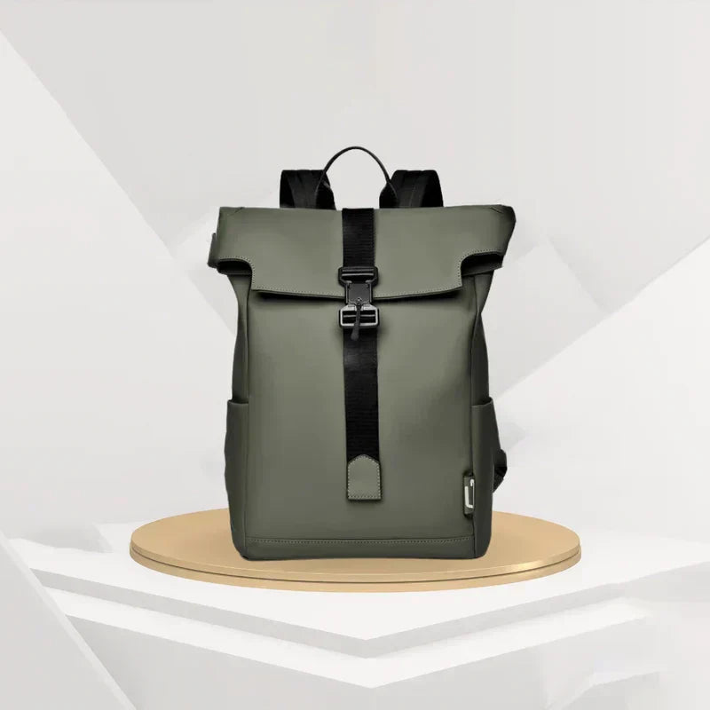 Olive green waterproof Fitlybuy BergTrek backpack with black straps and buckle, displayed on a circular platform.