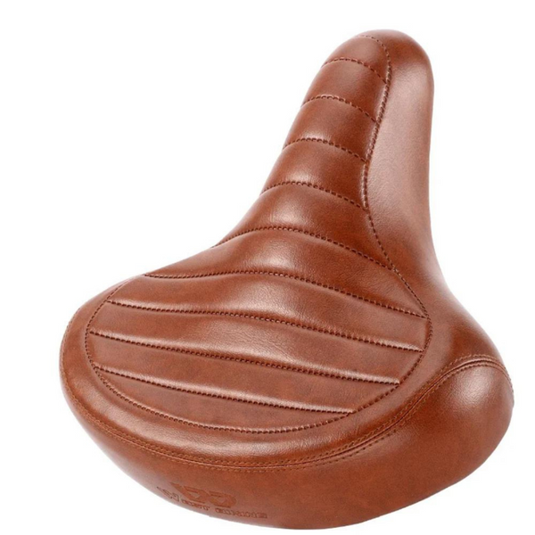 Brown, luxury ergonomic bike saddle with waterproof, anti-shock ribbed leather design for city and mountain bikes.