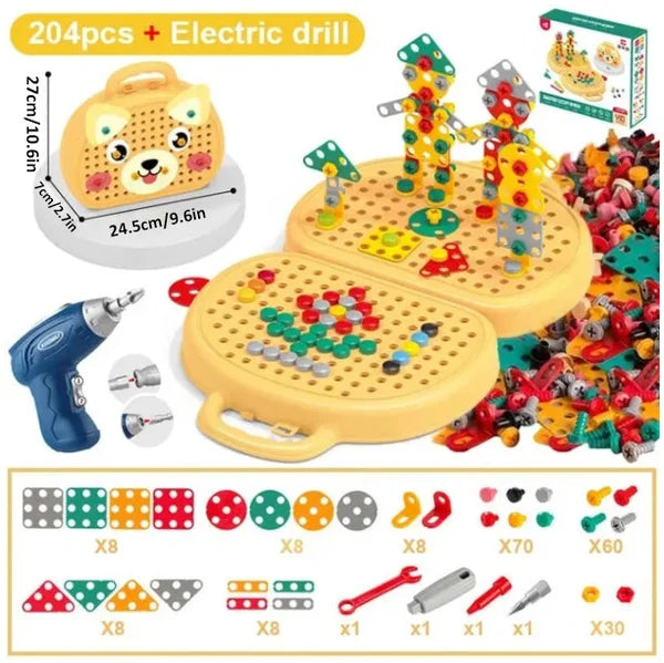 Fitlybuy WonderBuild STEM toy set with 204 colorful building pieces, toy electric drill, and bear-shaped carry case.