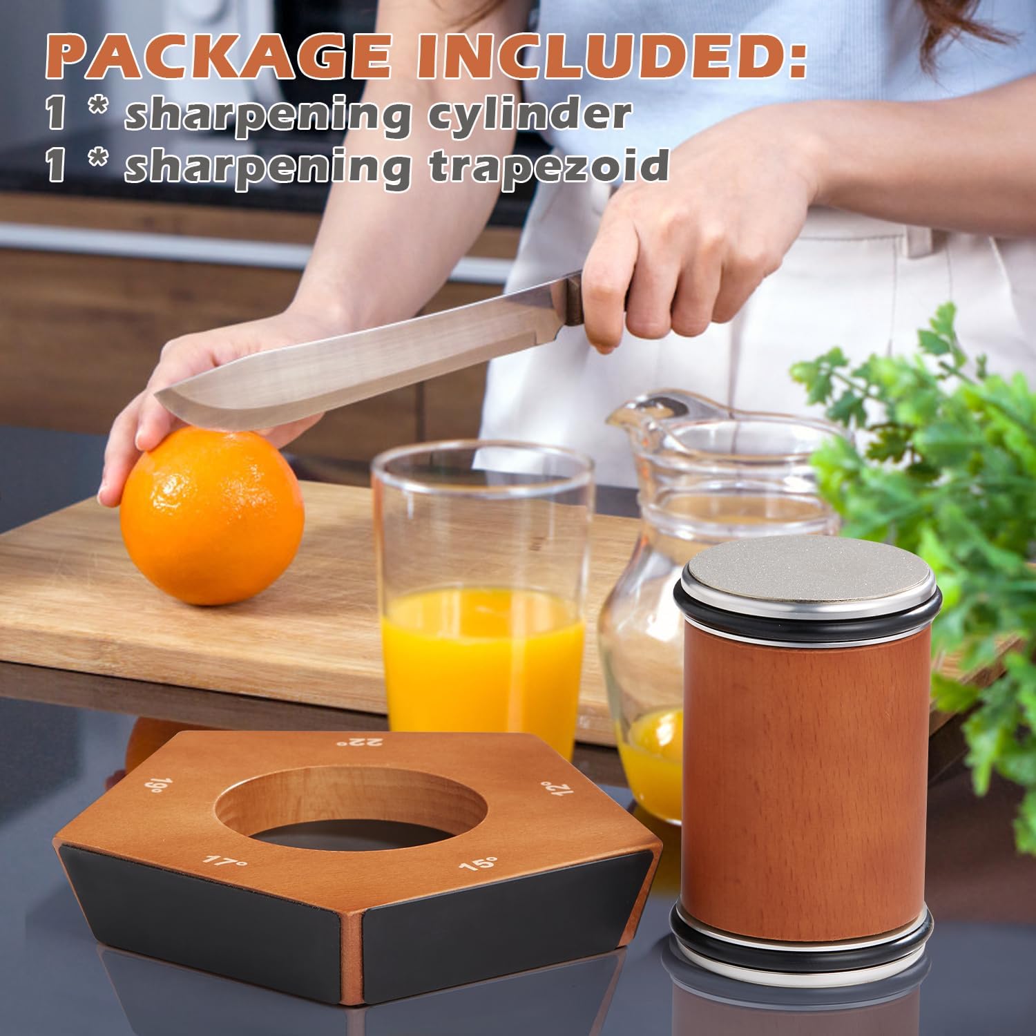 Fitlybuy diamond rolling knife sharpener with wood-finish cylinder and angled base on a counter with kitchen items.