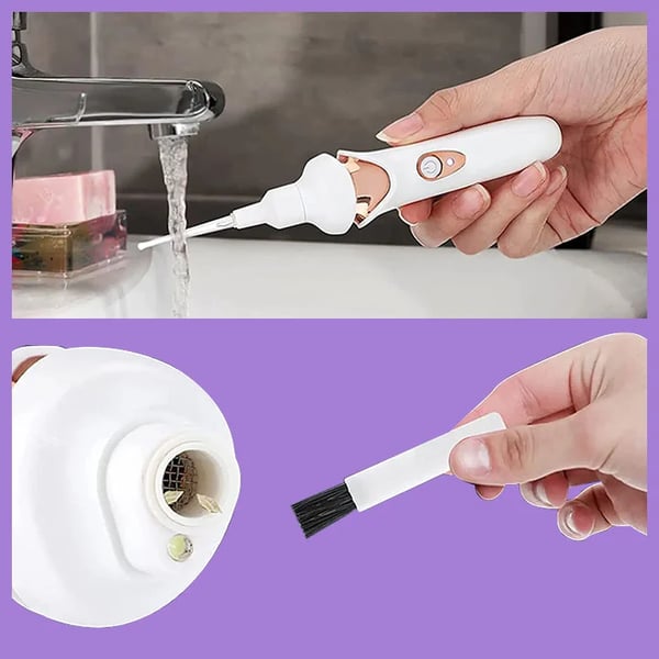 Fitlybuy electric ear wax removal kit: white and rose gold device rinsed under a tap, includes a cleaning brush.
