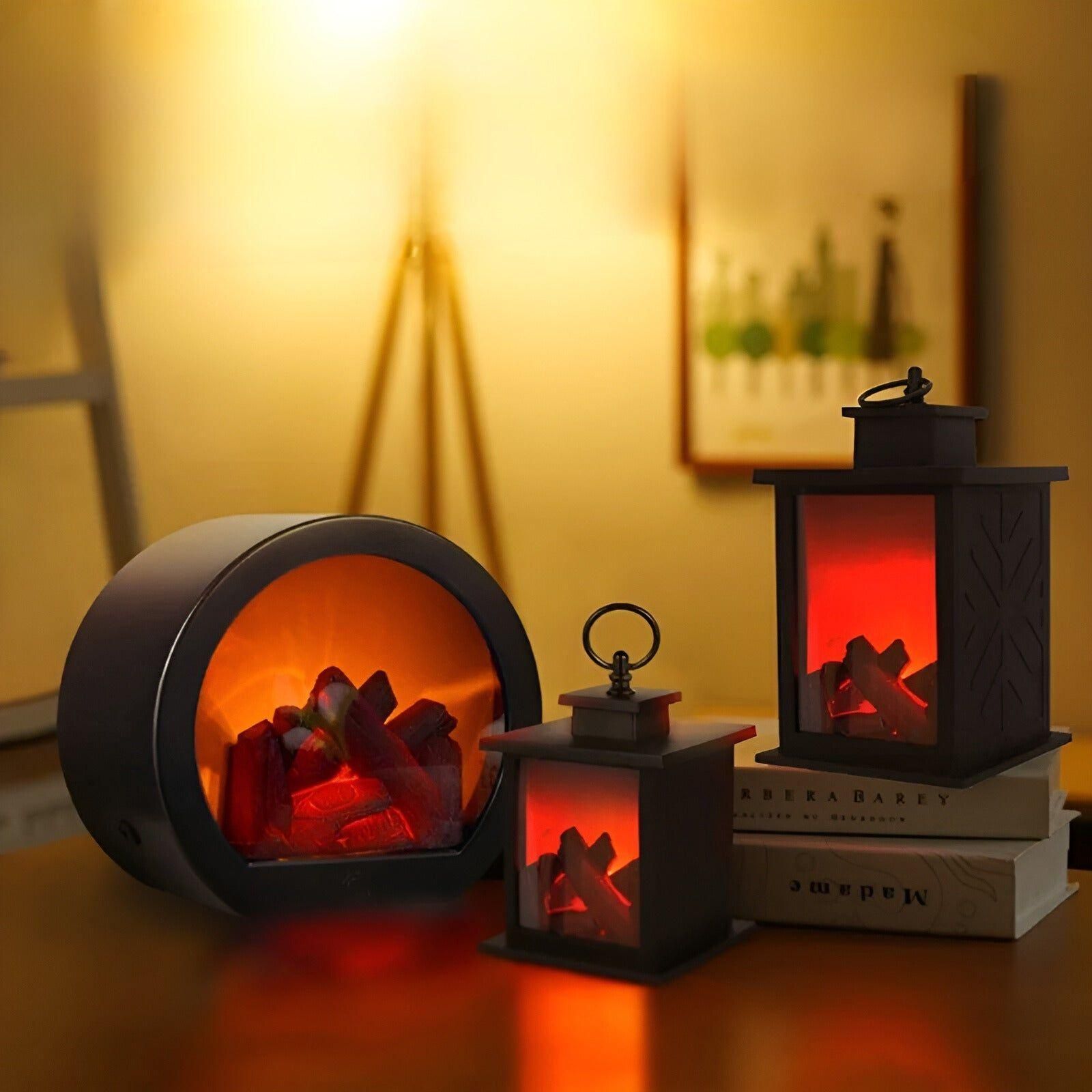 Three Fitlybuy LED lanterns with realistic glowing logs, emitting warm amber light on a table in a cozy home setting.
