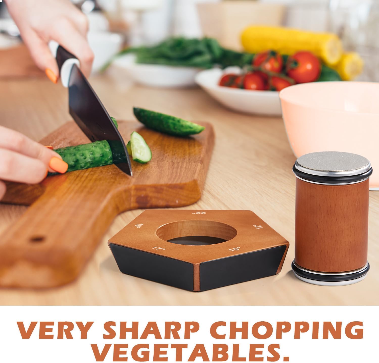 Fitlybuy SharpRoll wood-finish diamond knife sharpener with angle guide on a kitchen counter near a chopping board.