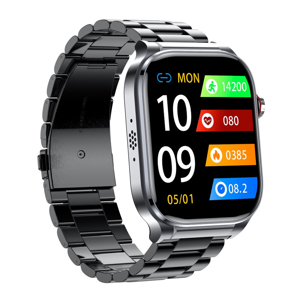 Fitlybuy Kexi-Life Pro 9 flagship smartwatch with a black metallic link band and health data interface display.