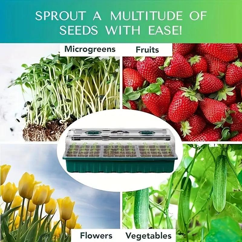 Fitlybuy seed starter kit with 36-cell tray, LED light, and humidity dome, surrounded by microgreens, fruit, and flowers.
