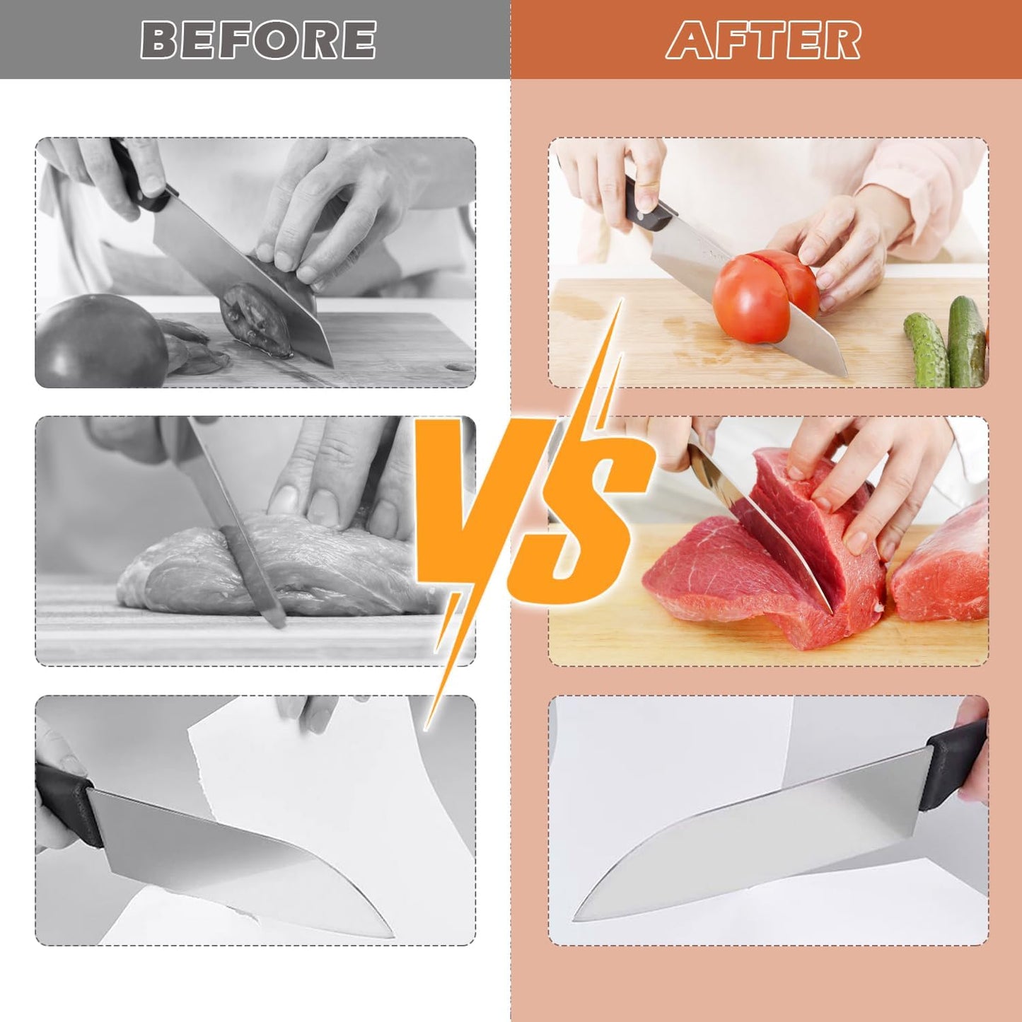 Before and after comparison of knife performance using the Fitlybuy SharpRoll diamond knife sharpener.