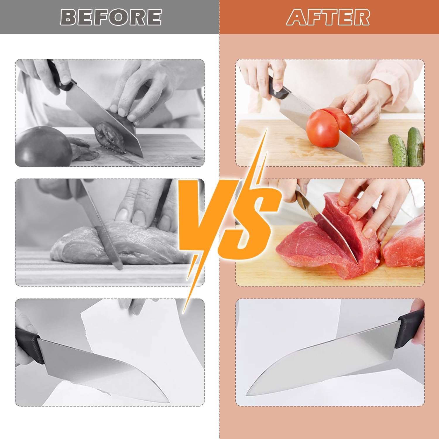 Before and after comparison of knife performance using the Fitlybuy SharpRoll diamond knife sharpener.