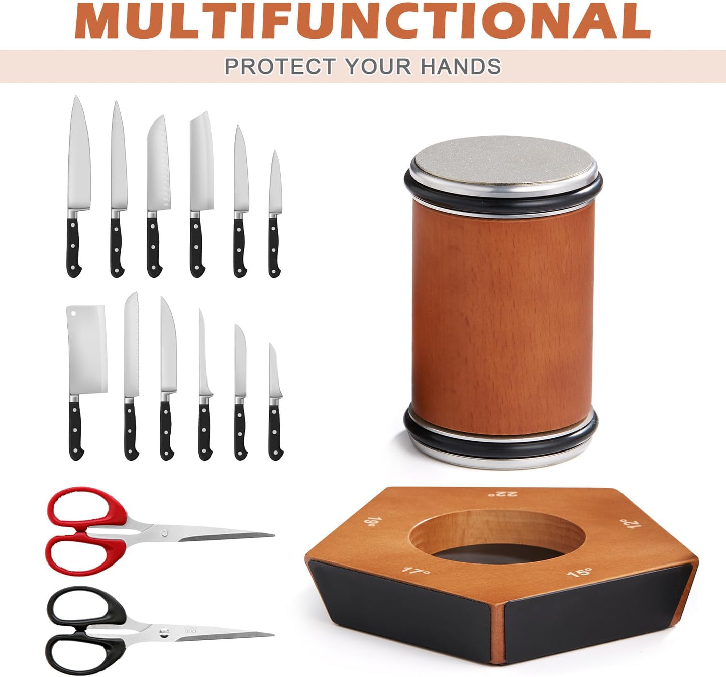 Fitlybuy SharpRoll manual diamond rolling knife sharpener with wooden magnetic base and various knives and scissors.