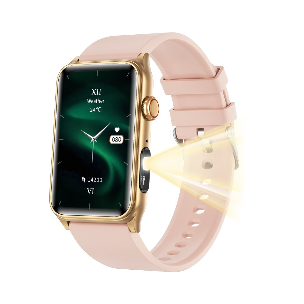 Fitlybuy Kexi-Life gold smartwatch with a pink strap, active side flashlight, and health monitoring display.
