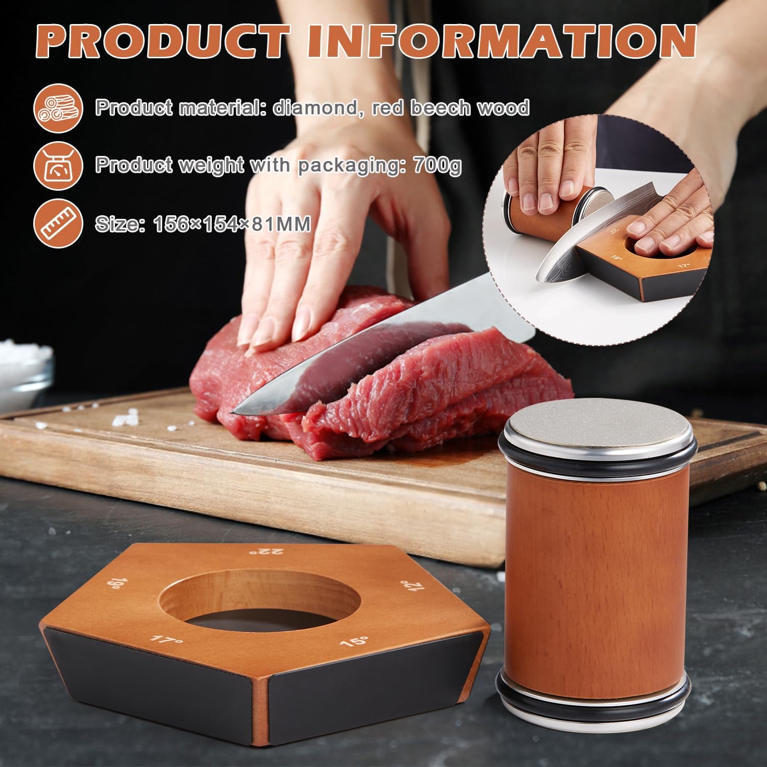 Fitlybuy SharpRoll manual diamond rolling knife sharpener with a red beech wood guide and rolling cylinder.