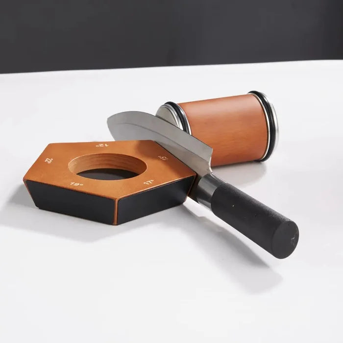 Fitlybuy SharpRoll wood and metal rolling knife sharpener with magnetic angle block, sharpening a steel chef's knife.