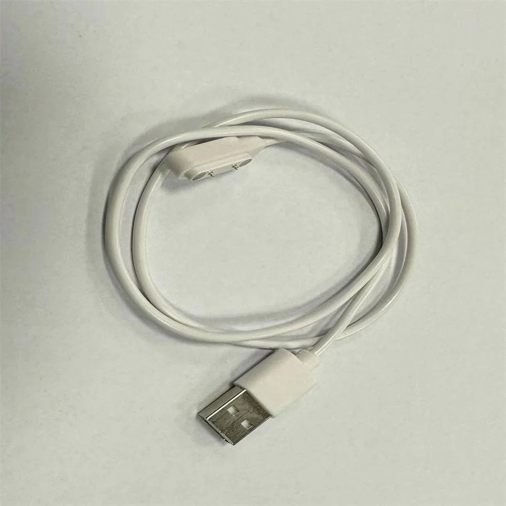 White Fitlybuy smartwatch charging cable with a magnetic contact head and a standard USB-A connector on a white surface.