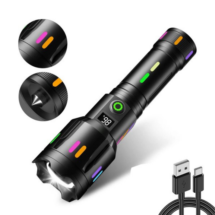 Fitlybuy TacticalPro 9000: Black rechargeable LED flashlight with battery display, glass breaker, and USB charging cable.