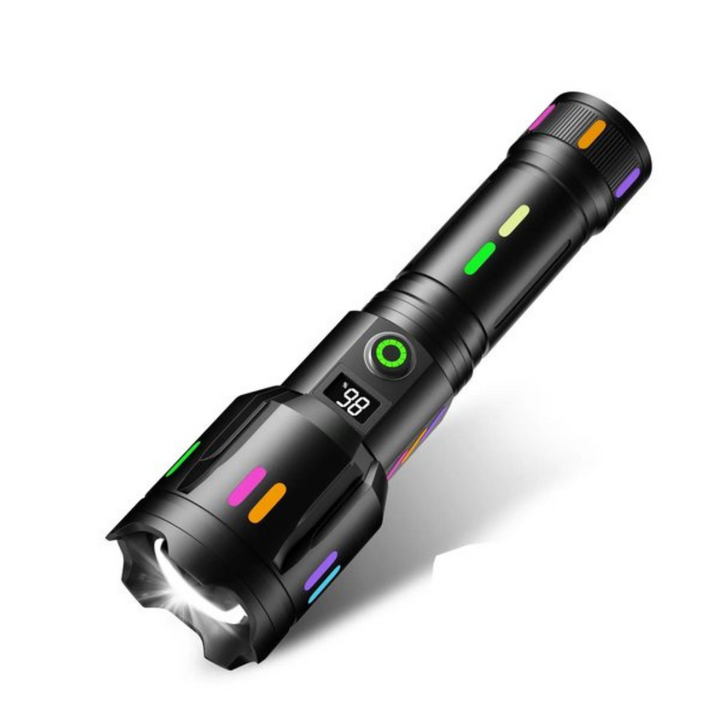 Fitlybuy TacticalPro 9000: Black military-grade LED flashlight with digital battery display and colored accents.