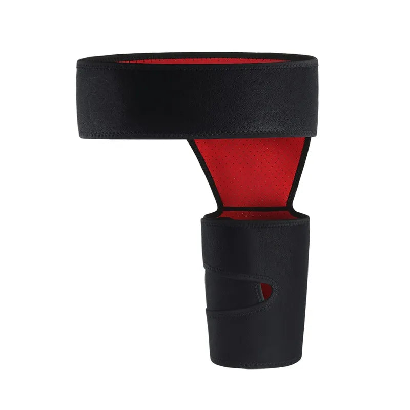 Fitlybuy black and red hip and thigh compression sleeve with SupportFlex technology on a white background.