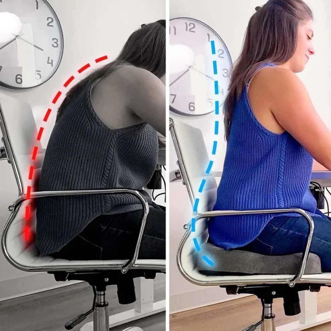 Comparison of poor posture vs. correct alignment using the grey Fitlybuy ergonomic sciatica relief cushion.