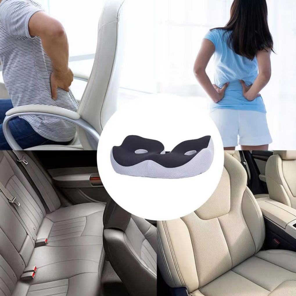 Gray and white ergonomic sciatica relief cushion shown with people using seats for lower back support.