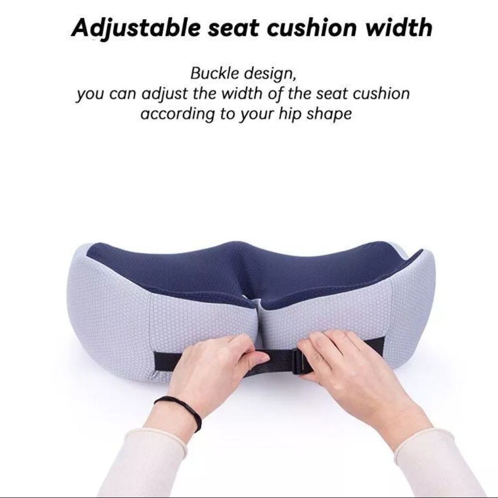 Hands adjusting the width of a blue and grey ergonomic Fitlybuy sciatica relief seat cushion using a buckle strap.