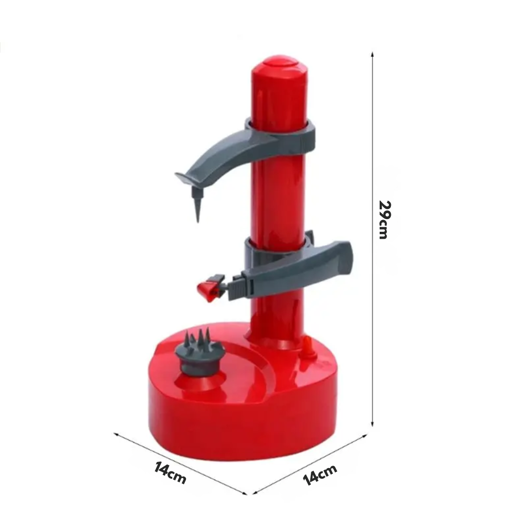 Red Fitlybuy electric fruit peeler with adjustable arms, base spikes, and 29cm height dimensions shown on white.