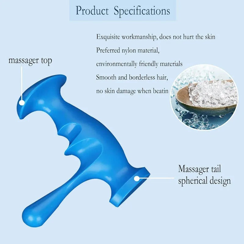 Blue ergonomic nylon manual deep tissue massage tool with a comfortable grip, showcasing product design specifications.