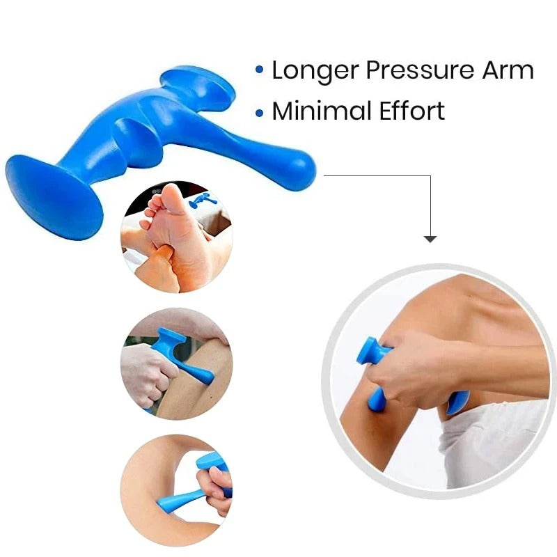 Two blue ergonomic deep tissue massage tools shown with various usage examples on feet, shoulders, and muscles.