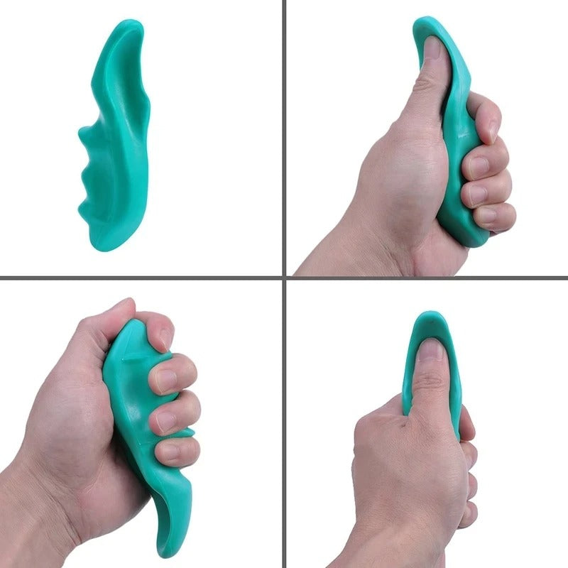 Teal, ergonomic deep tissue manual massage tool in a 2-piece set, held in hand to demonstrate comfortable grip.