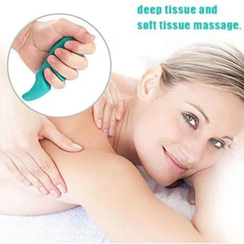Teal ergonomic manual massage tool being used to provide a deep tissue back massage on a woman.