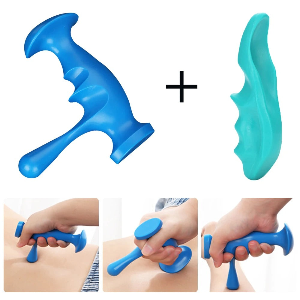 Two blue and teal ergonomic manual deep tissue massage tools with comfortable grip, shown in use on the body.