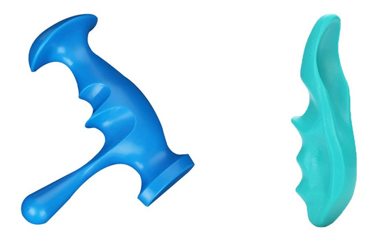 Two Fitlybuy ergonomic deep tissue massage tools in blue and teal against a white background.