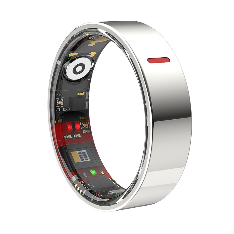 Silver Fitlybuy Kexi-Life R03 smart ring showing interior biometric sensors, circuitry, and LED health trackers.