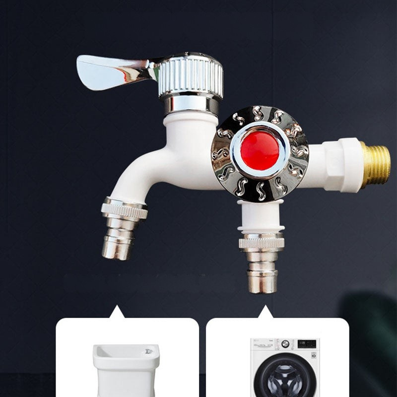 Fitlybuy ArcticFlow white dual-outlet outdoor tap with chrome handle, frost-protected design, and washing machine icons.