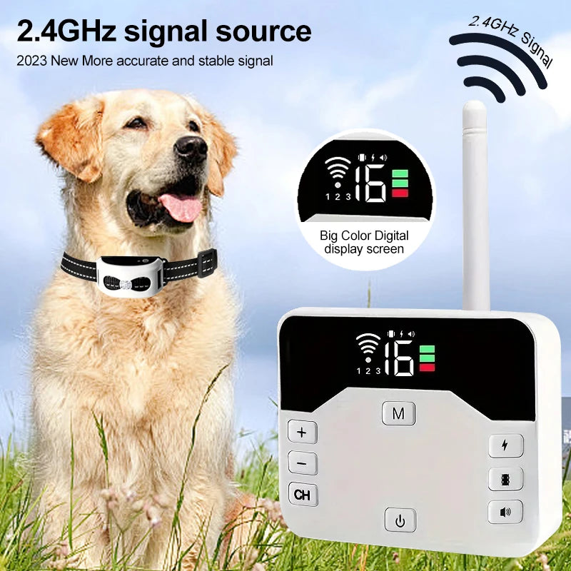 Fitlybuy 2-in-1 wireless dog fence kit: white transmitter with digital display and receiver collar on a golden dog.