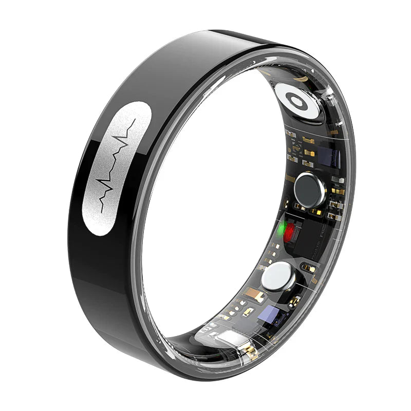 Black Kexi-Life R08 smart ring with EKG pulse graphic and internal health sensors visible on a clear inner band.