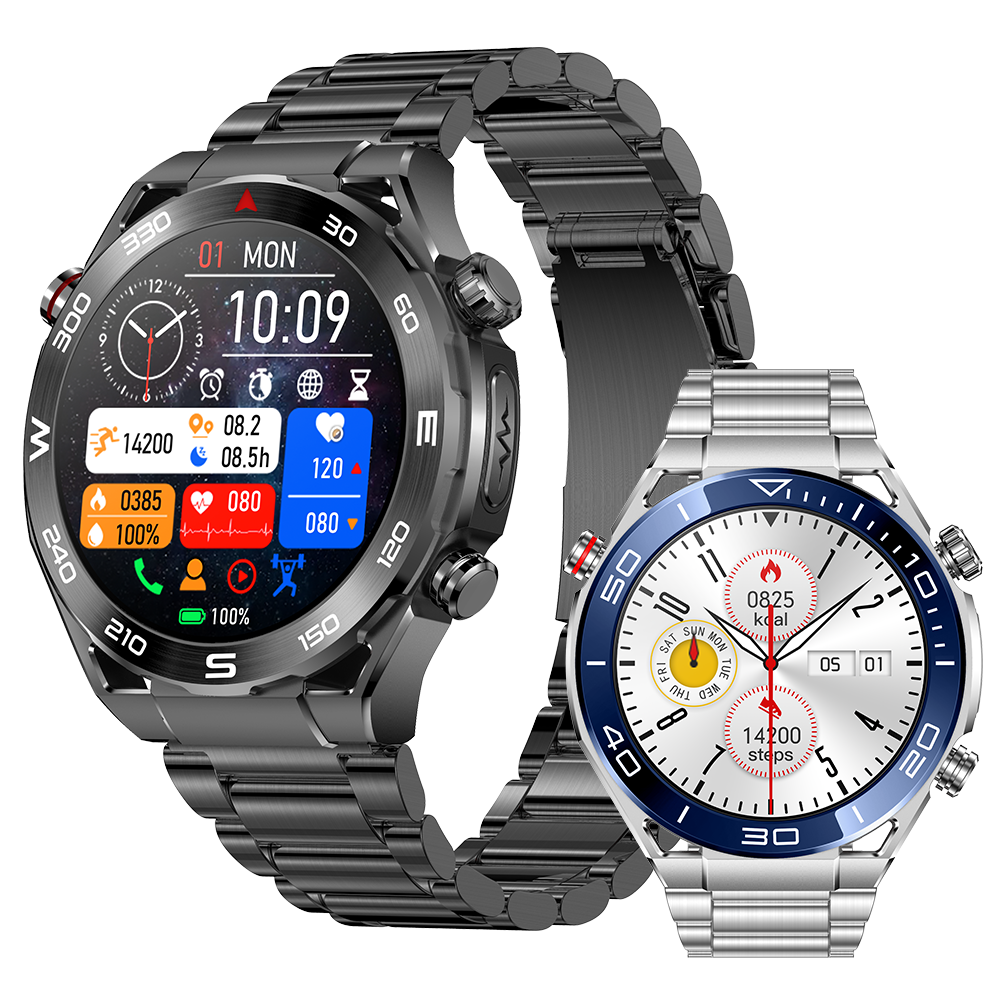 Black and silver Fitlybuy Kexi-Life Max 1 health smartwatches with metal bands and digital displays showing fitness data.