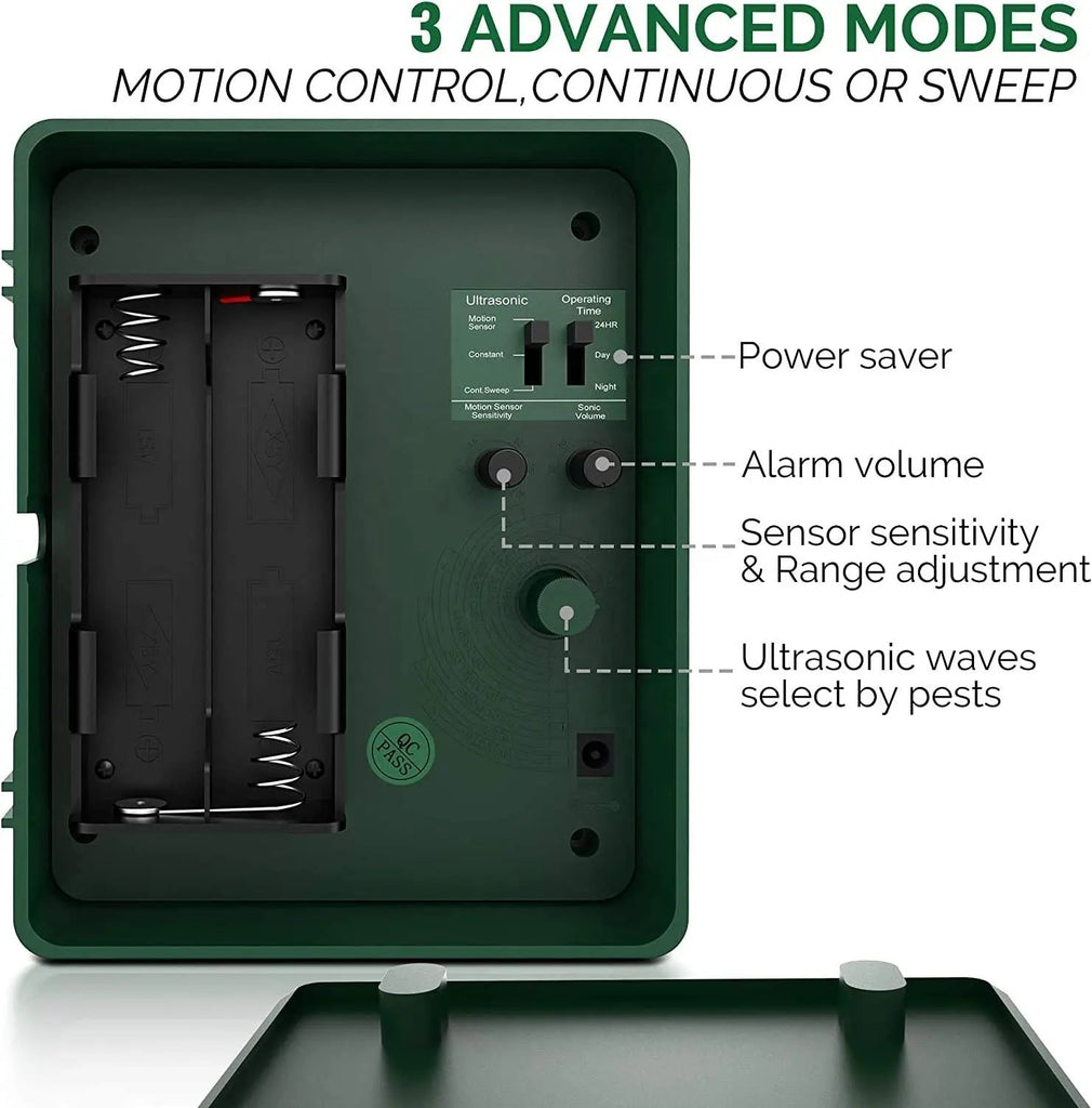 Green Fitlybuy ultrasonic woodpecker repeller showing battery compartment, control dials, and 3-mode operating switches.