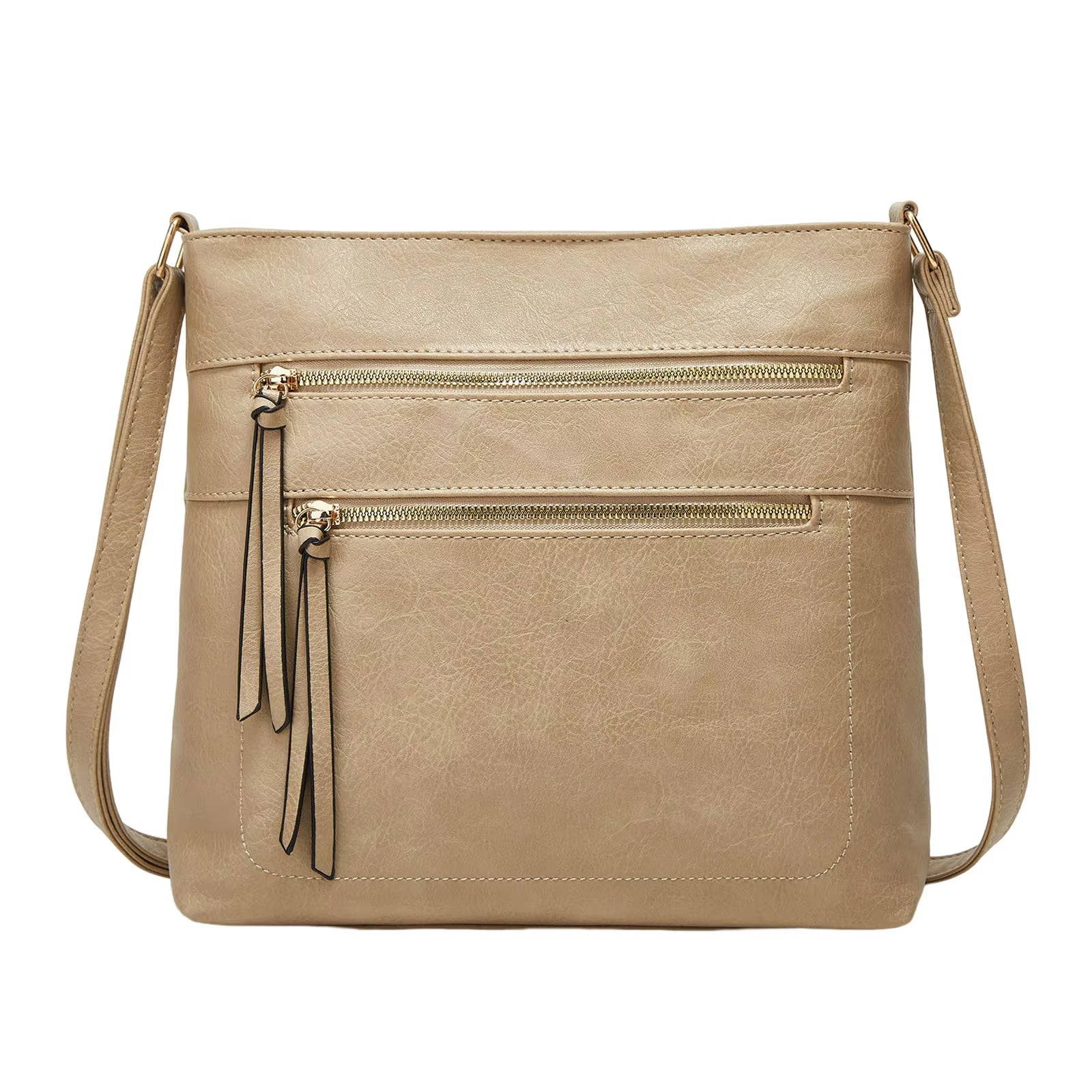 Fitlybuy Nina beige genuine leather crossbody bag with two front zippered pockets and matching tassel pullers.